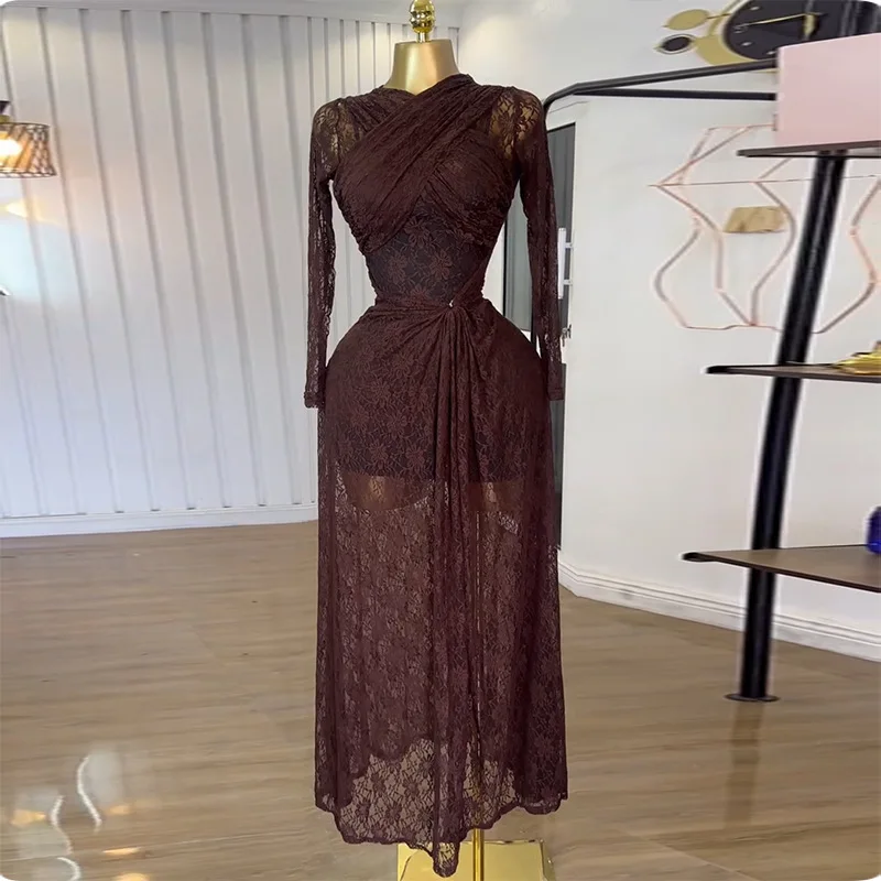

Sweet and fresh lace splicing long-sleeved high-waisted A-shaped dress fashionable simple and versatile temperament elegant vaca