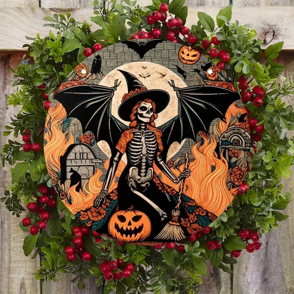 Halloween Witch Themed Wooden Hanging Plaque Round Shape Creative Wooden Craft House Pendant Decor