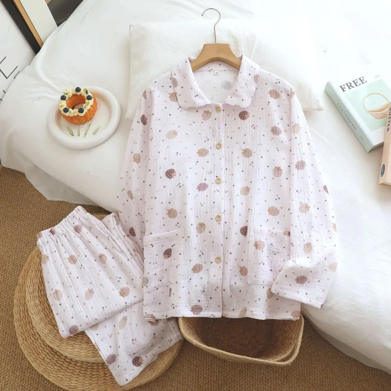 2027 New Spring and Autumn Women's Pajama Set 100% Cotton Long Sleeve Long Pants Small Collar Sweet and Cute Home Clothes Girl