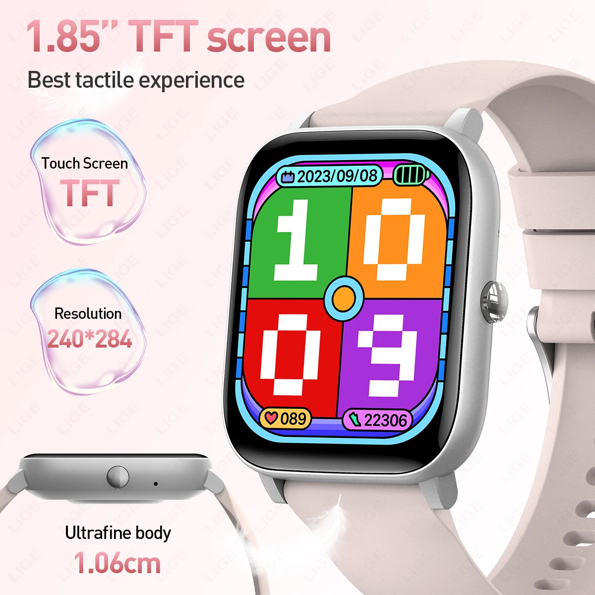 LIGE 1.85 "Full Touch Screen สมาร์ทนาฬิกาผู้หญิงไร้สายโทรผู้ชายผู้หญิงสร้อยข้อมือนาฬิกาที่กําหนดเอง Face Health Monitor สมาร์ทนาฬิกา