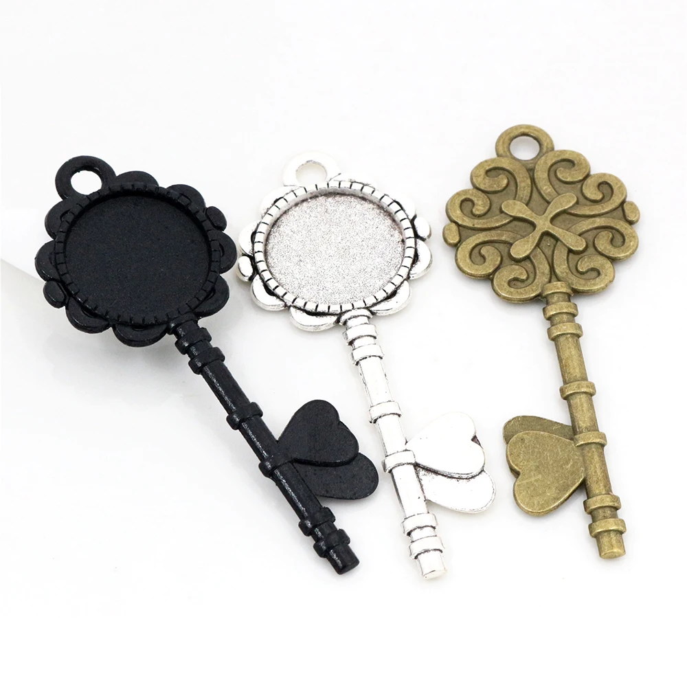 5pcs 20mm Inner Size Black and Antique Silver Plated and Bronze Key Style Cabochon Base Setting Charms Pendant