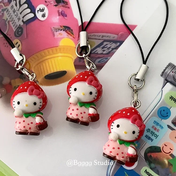 Cartoon Strawberry Kitty Cat Mobile Pendant Y2k Cute Fun DIY Pendant Keychain Decoration Accessories Good Friend Christmas Gift