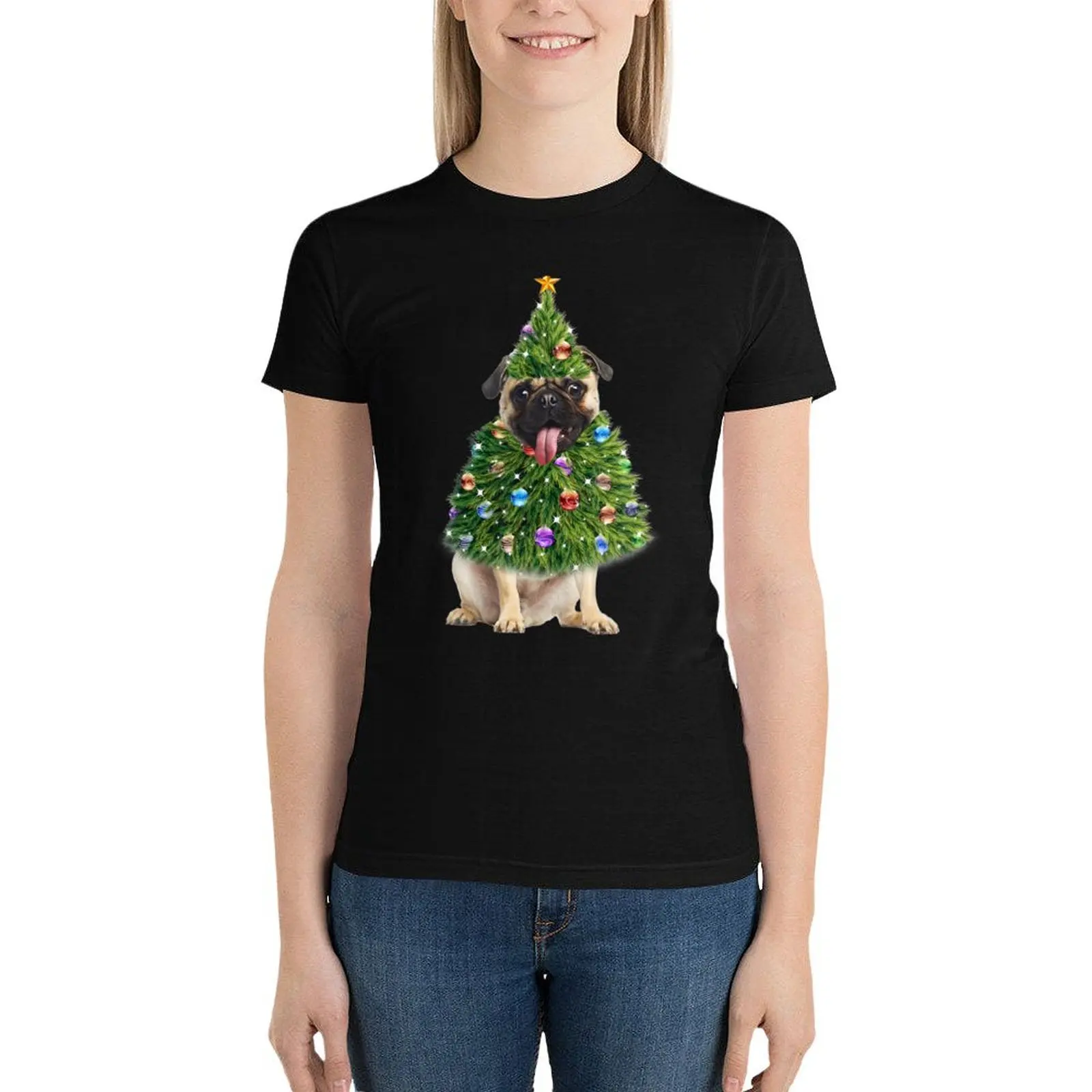 

Pug Christmas Tree Lights Santa Hat Funny Christmas T-Shirt Blouse hippie clothes summer tops t-shirt dress for Women sexy