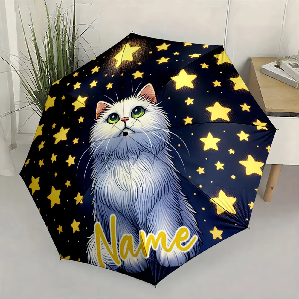 Custom Name Starry Night Umbrella with Adorable Cat Design Print 8 Iron Ribs Folding Umbrella, Auto-Open Fashion Sunshade