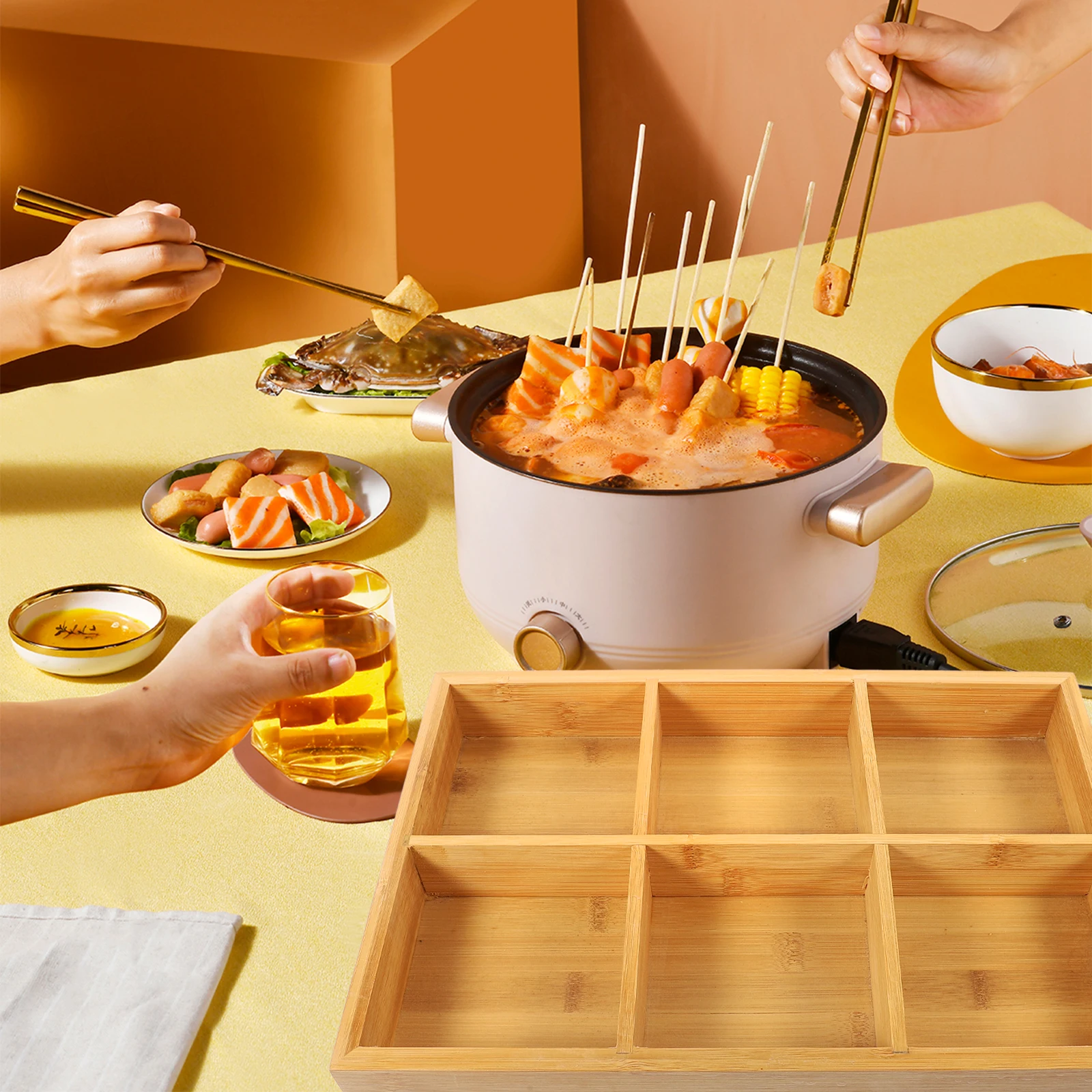 

Bamboo Tray Multi Grids Food Serving Plate Family Restaurant Kitchen Ware Vegetable Plates Dining Compartment