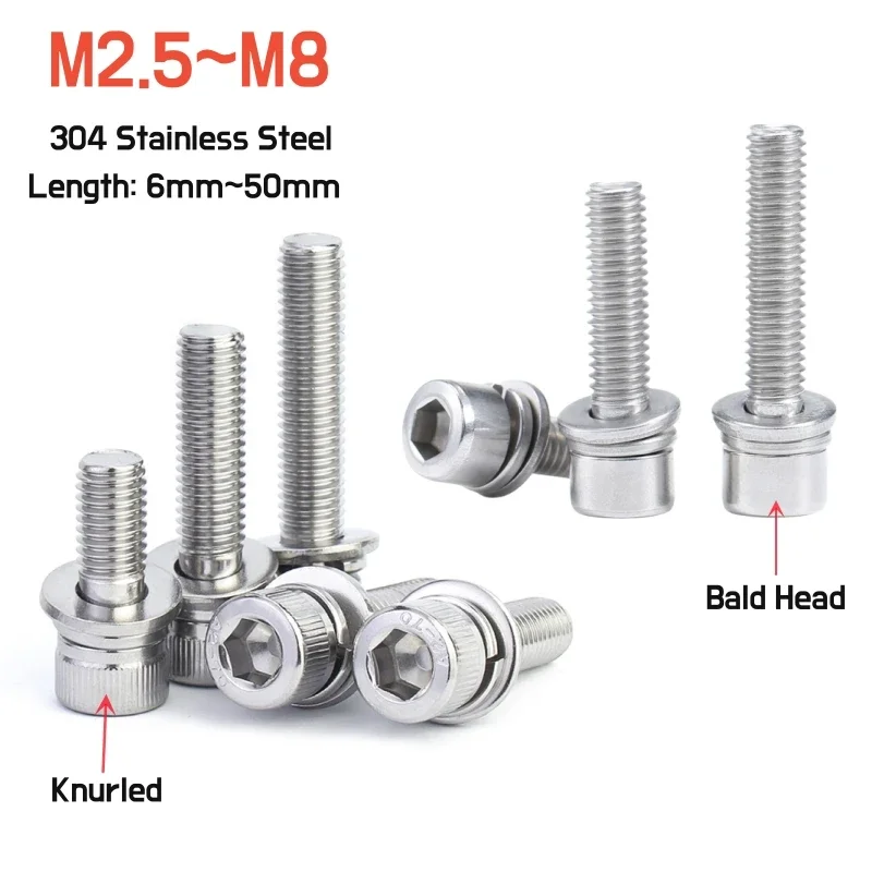 M2.5 M3 M4 M5M6M8 304 A2 Stainless Steel Hexagon Hex Socket Cap Head SEM Screw With Flat Washer Spring Gasket Assemble Bolts Set