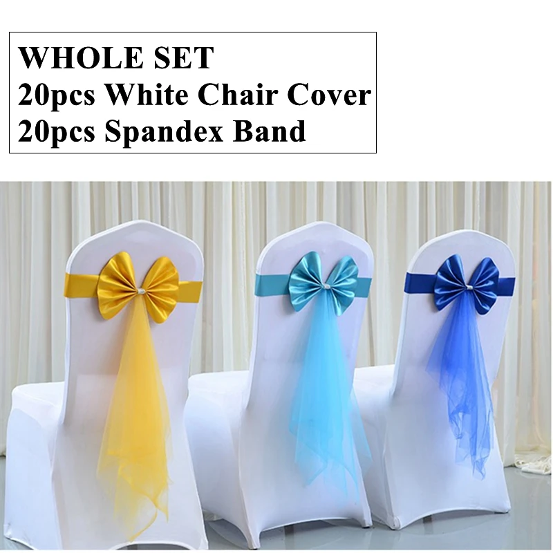 New 20Set White Spandex Chair Cover With PU Stretch Chair Band Tie Sash For Wedding Banquet Event Decoration