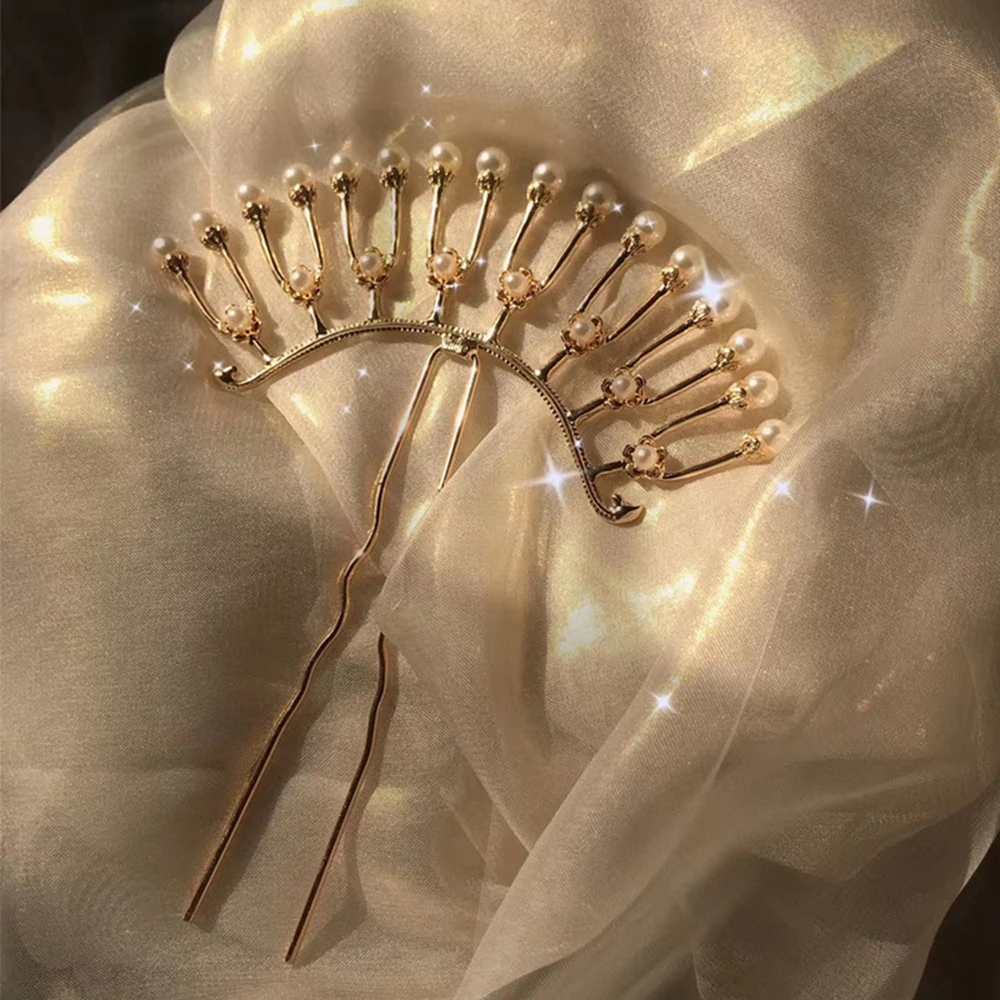 Kimono Antique Women Crystal Petals Alloy U-shaped Hair Accessories Hanfu Hair Sticks Pearl Row Hairpin Hair Forks