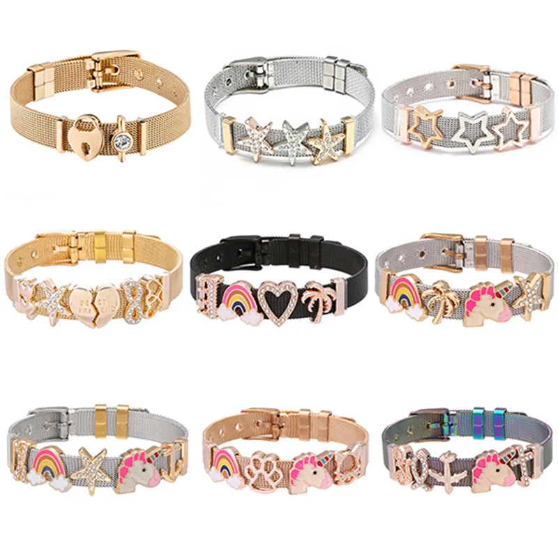 

Радужный браслет с единорогом, подвески «сделай сам», слайдер из бисера, сетчатый ремешок из нержавеющей стали, браслет для женщин, трендовые ювелирные изделия, рождественские подарки