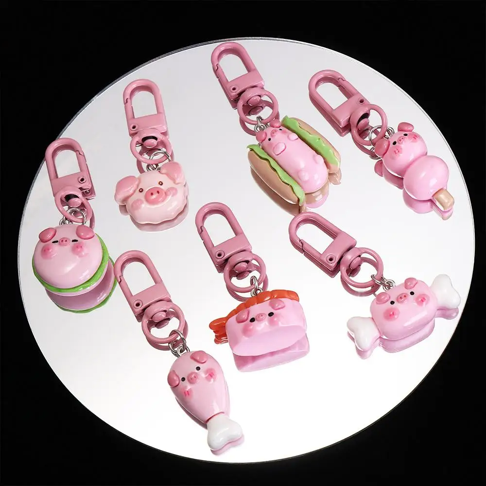 Gourmet Pink Pig Metal Keychain Pink Pig Small Hamburger Pig Animal Keyring Cartoon Cute Pig Food Keychain Key Ring