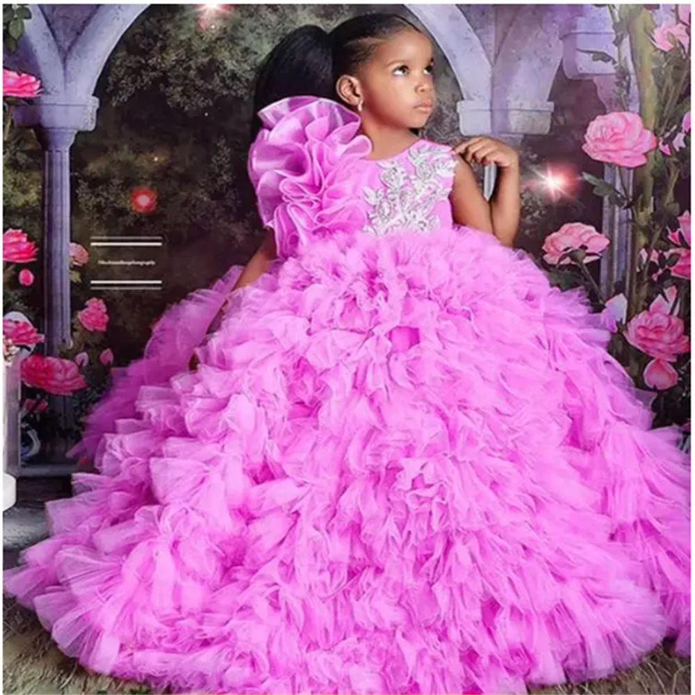 Vestido de lujo morado con flores para niña, vestido de desfile para boda, cuello redondo, fiesta de cumpleaños de princesa, vestido de noche para invitados hecho a medida