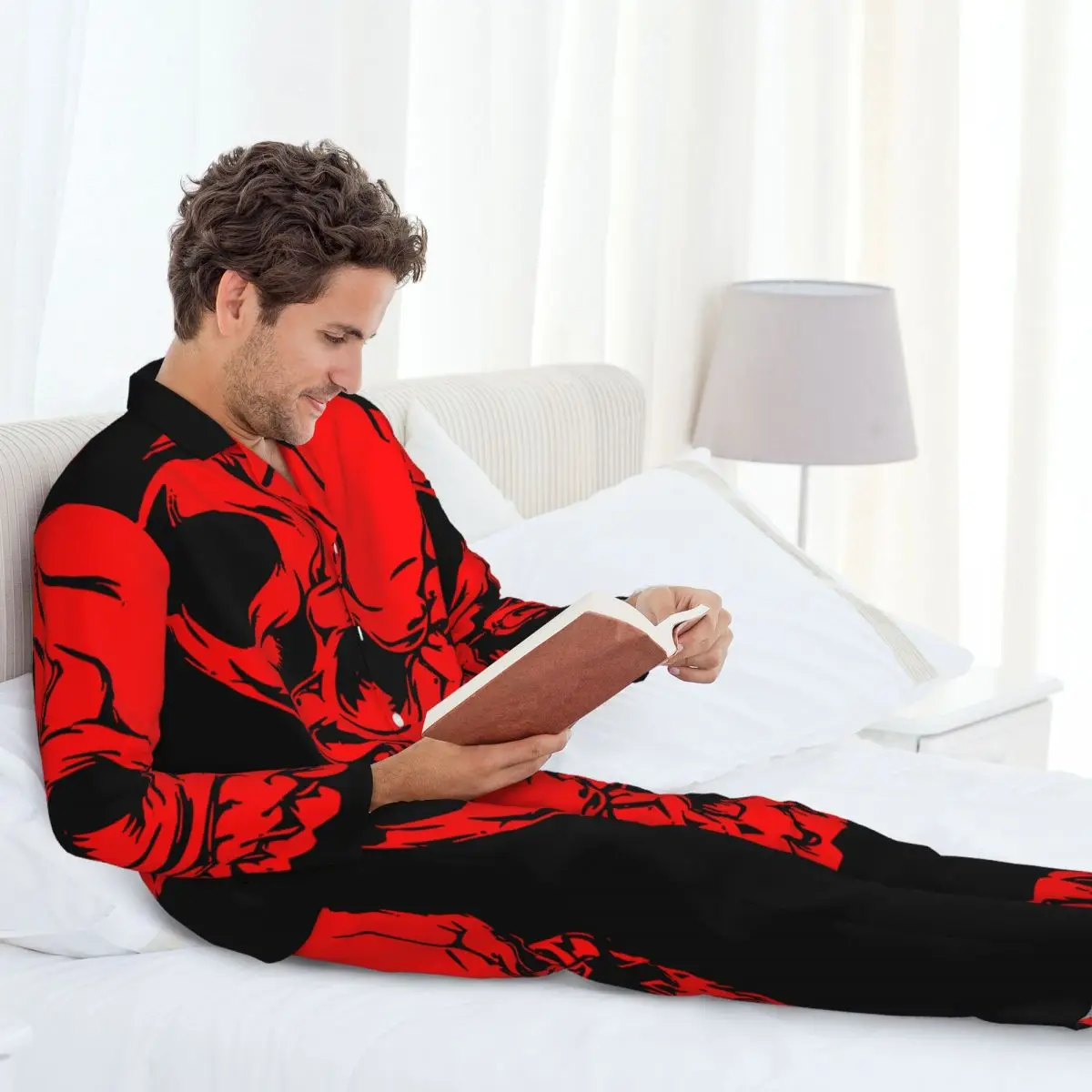 Conjunto de pijamas para hombre de otoño invierno de manga larga con calavera roja ropa de casa ropa de dormir 2 unids/set