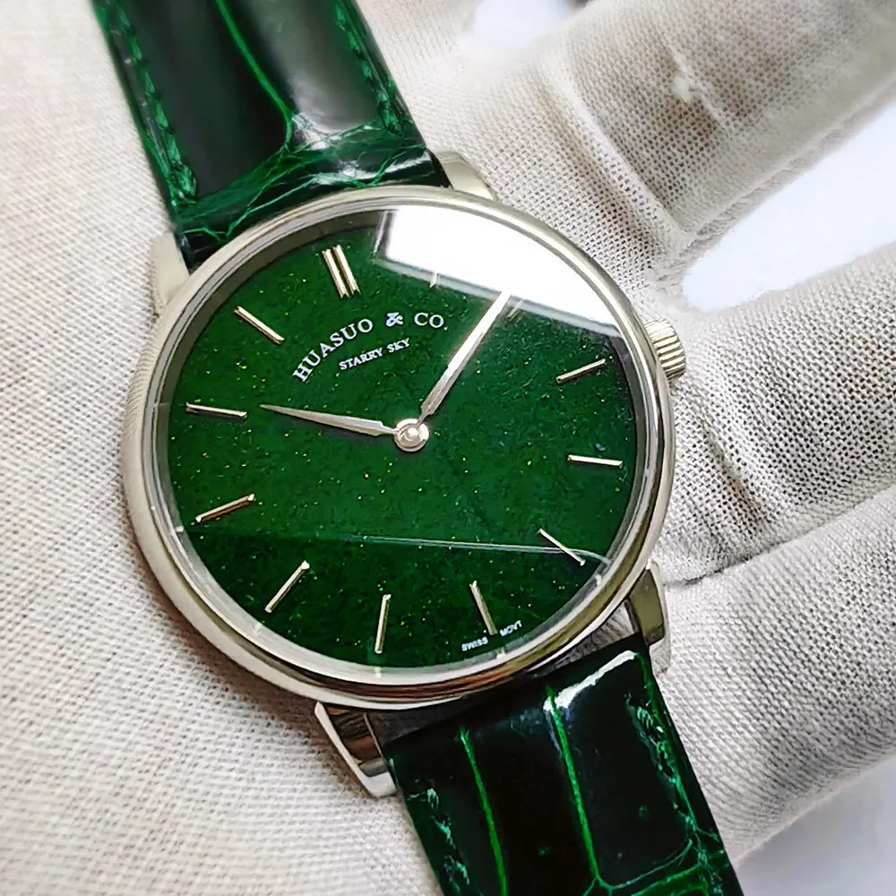 HUASUO Luxus 39mm Ultradünne Uhren Für Männer Blau Aventurin Sternenhimmel Automatische Bewegung SW300 Saphirglas 50m Wasserdicht 4