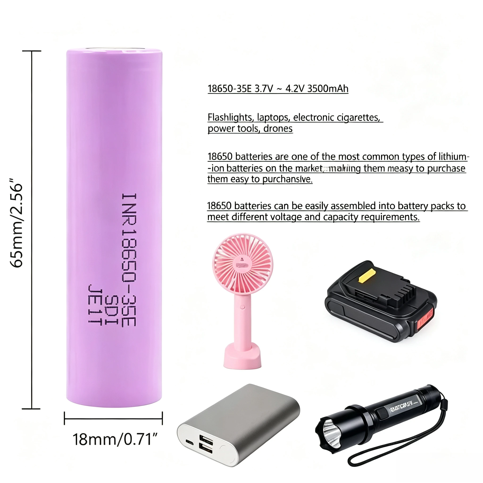18650-35e lithium cell,3.7V 20A output,high energy density inner cells great thermal stability,for long Toy battery Battery cell