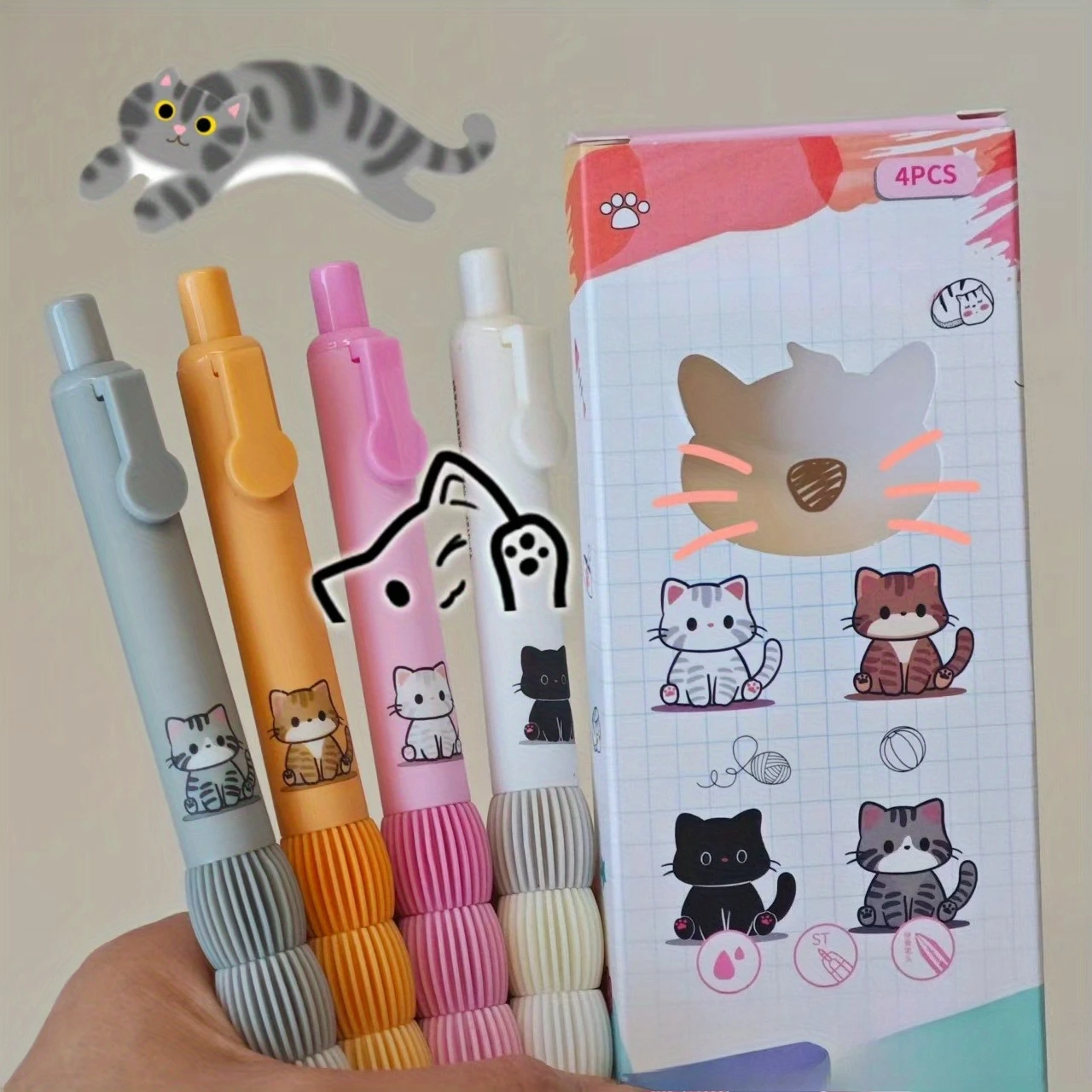 4 Ink Gel Pens with Cat Dog Pattern Pocket Design, Ultra Smooth Writing, Durable Office School Sign Pen Set