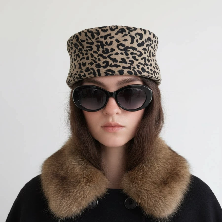 USPOP 100% Wool Leopard Print Pillbox Hat for Women Vintage French Style Structured Winter Fashion Hat Elegant Party Cap