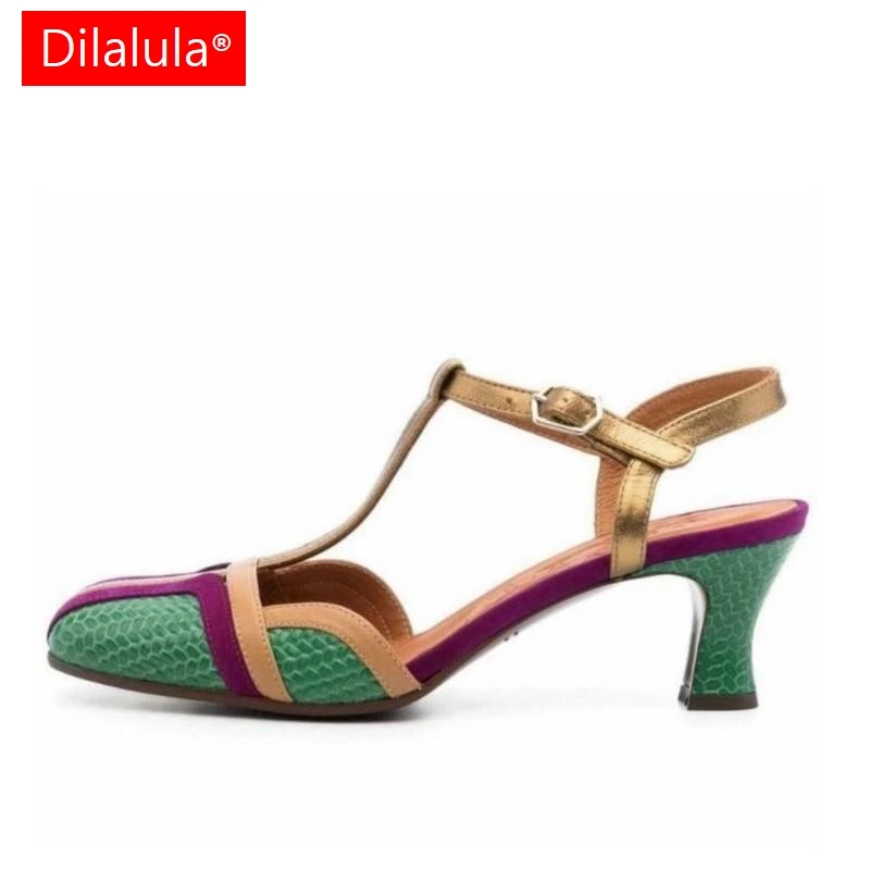 Dilalula 2025 Summer French Style T-Strap Genuine Leather Sandals Women Covered Toe High Heels Mixed Color Party Dating Sandals