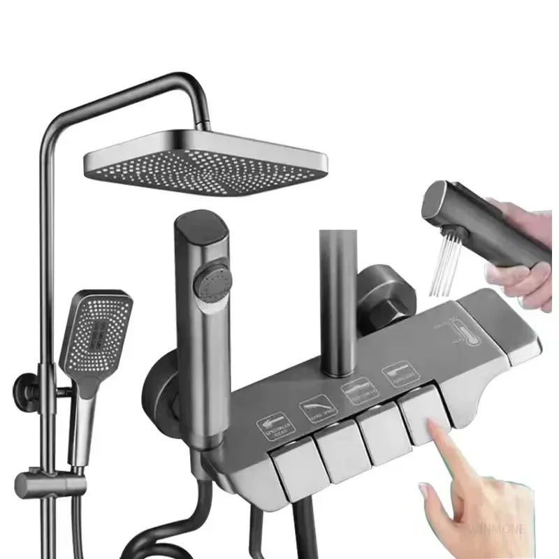 Modern Brass Showerhead Wall Mounted Piano Button Bathroom Shower Set