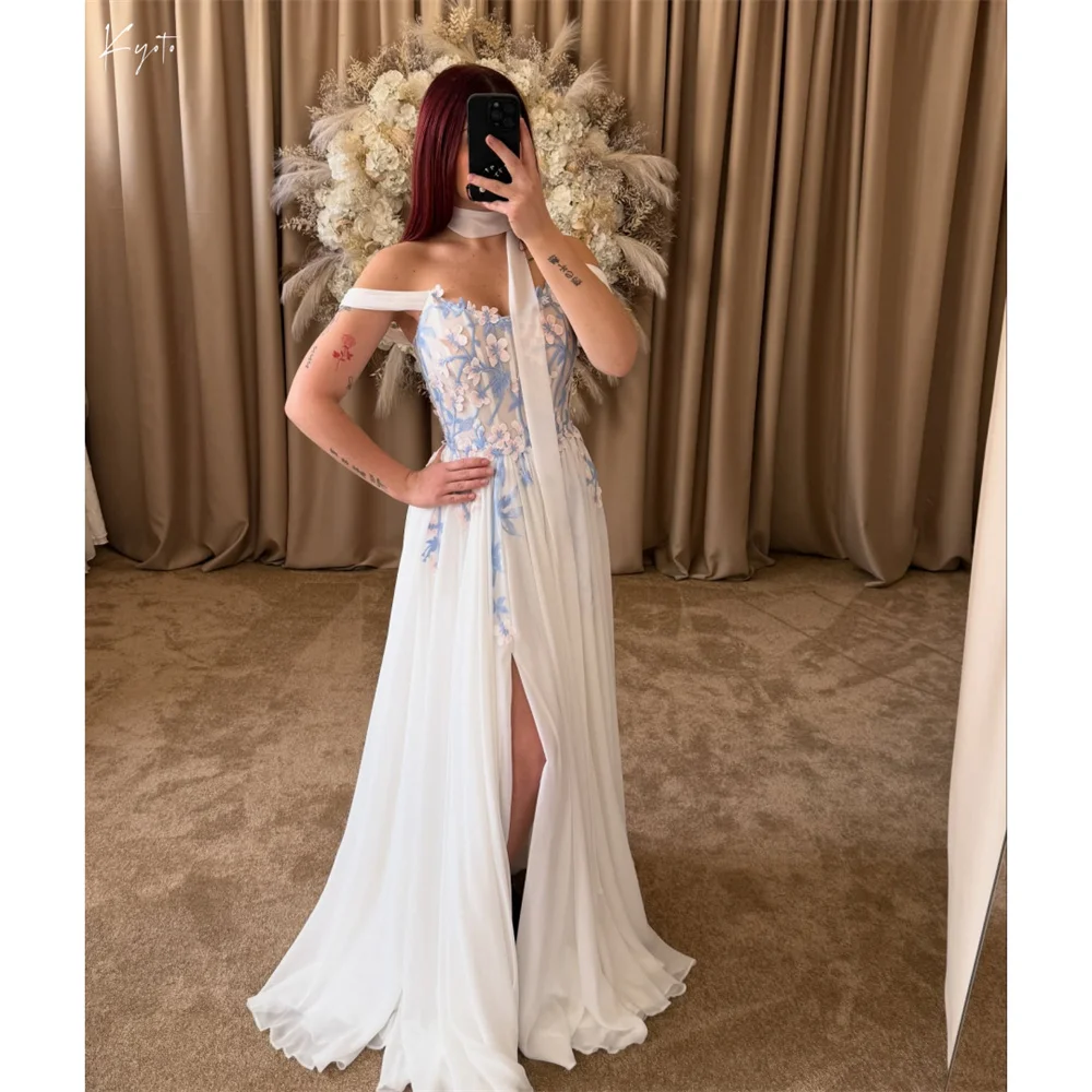 

Kyoto Customize Sky Blue Embroidery Off Shoulder Wedding Dress Side Split Floor-length vestidos de novia A-Line Evening Dresses