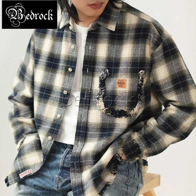 MBBCAR Vintage Plaid Shirt For Men One Washed Distressed Loose Shirt Jacket Fake Pocket Decoration Work Overshirt