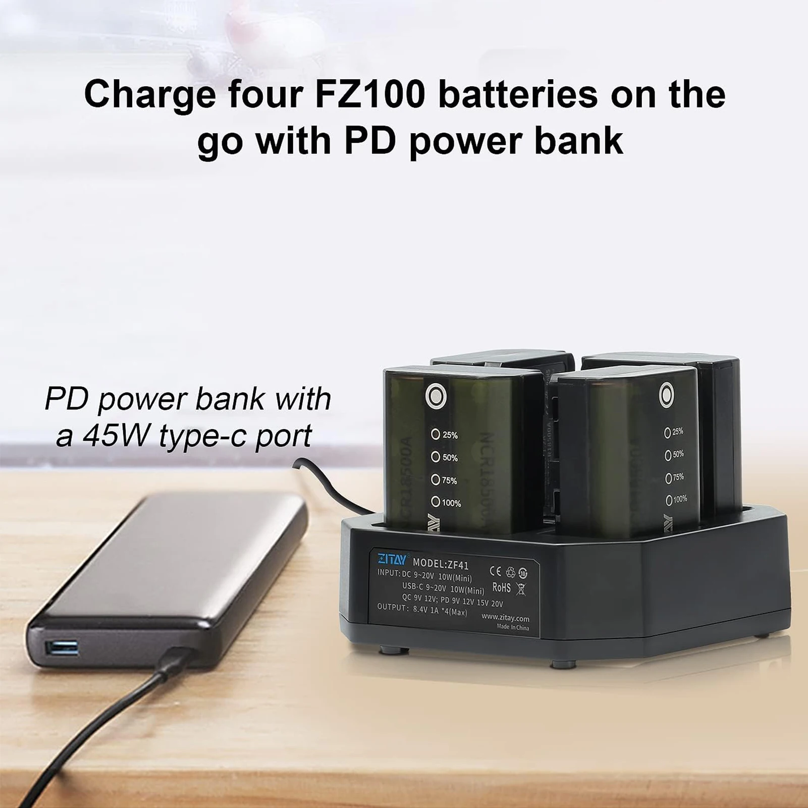 Stazione di ricarica rapida ZITAY a 4 canali di tipo C con adattatore per caricabatterie rapido PD 65W per batterie Sony NP-FZ100, compatibile con Sony