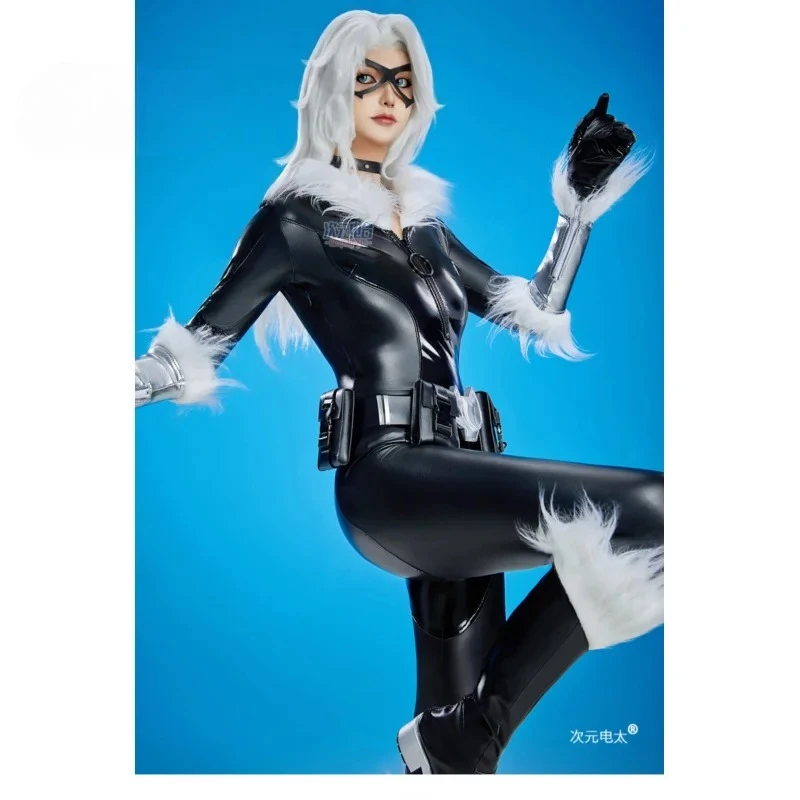 Disfraz de Felicia Hardy de Fortnite para mujer adulta, mono ajustado de cuero negro para Halloween, accesorios de máscara, uniforme de fantasía, cosplay de gata negra