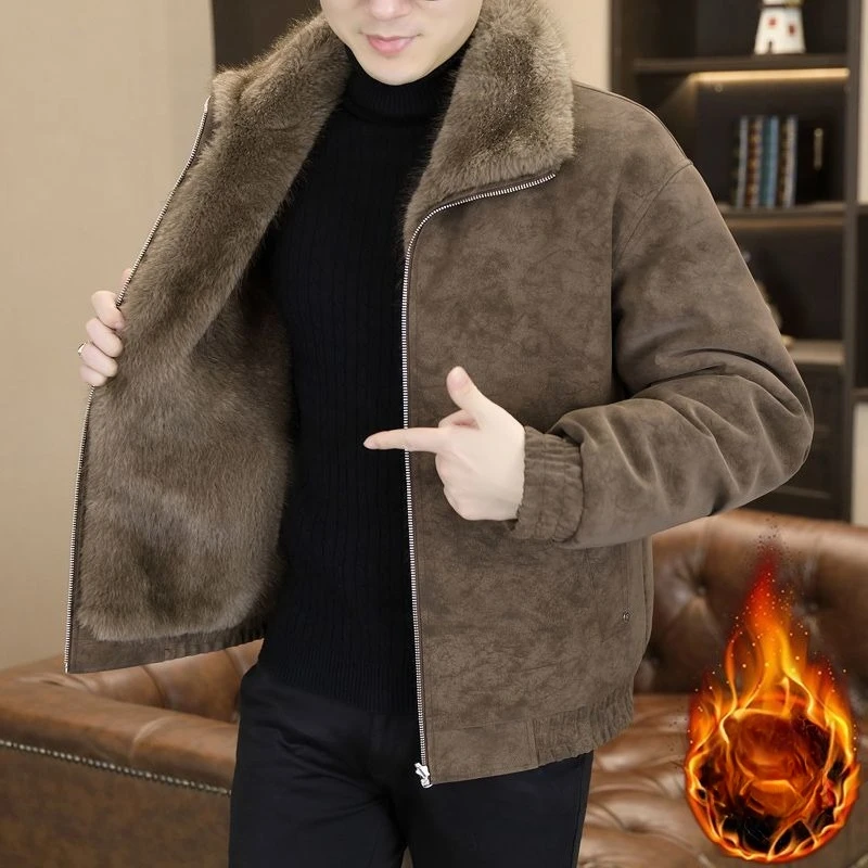 

Американская высококачественная цельная зимняя флисовая куртка из искусственного меха и утолщенная кожаная куртка для мужчин с меховым воротником, теплая и повседневная куртка