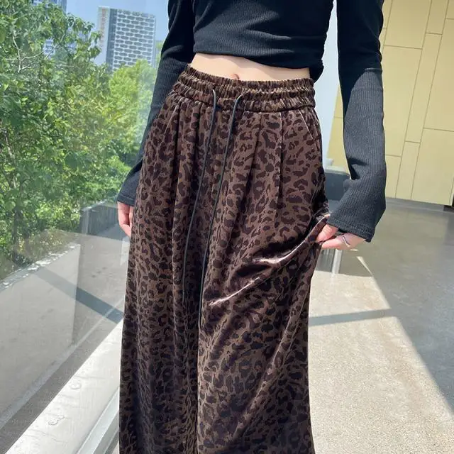 

Retro Coffee Leopard Print Casual Pants Women High Waist Loose Long Pants