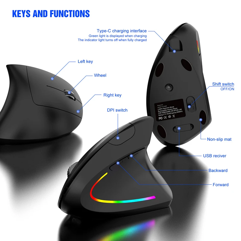 2.4ghz Wireless Bluetooth Vertical Mouse Ergonomic Desigh Type-C Port For Windows Mac Laptop Gamer Mouse Office Accessories
