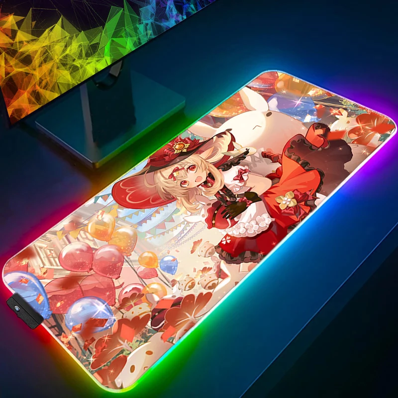 Tapis de souris vitesse Mini LED PC ordinateur Genshin Impact Klee clavier tapis RGB Kawaii Anime fille tapis de bureau accessoires de jeu tapis de souris