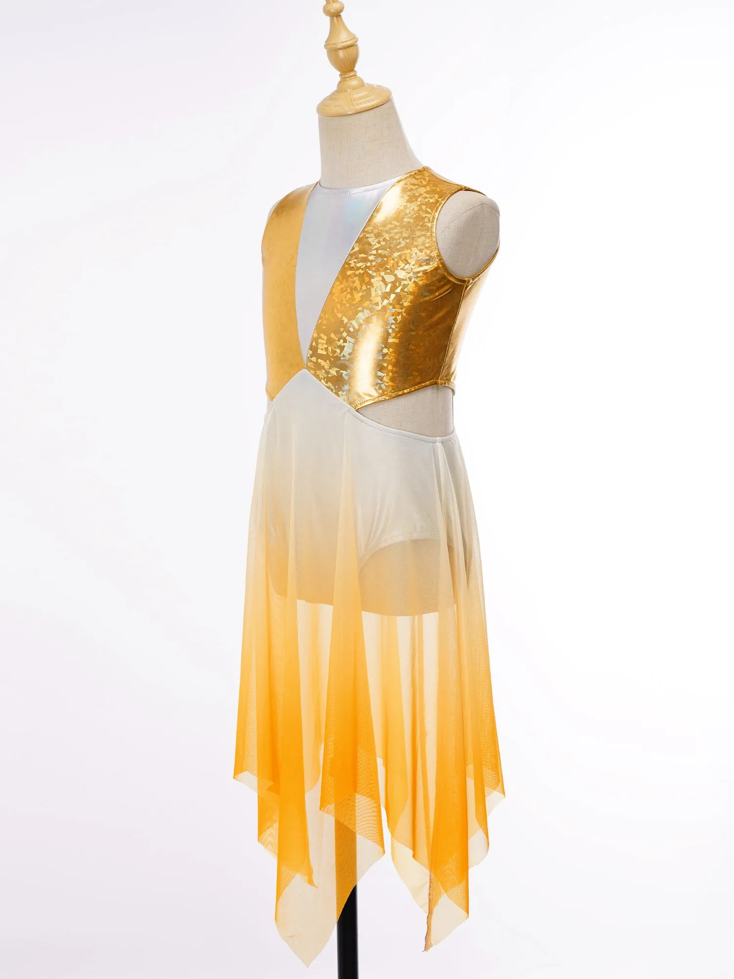 Kids Girls Lyrical Ballet Jazz Dance Dresses Cutout Waist Keyhole Back Metallic Bodice Asymmetrical Gradient Color Mesh Dress - view 5