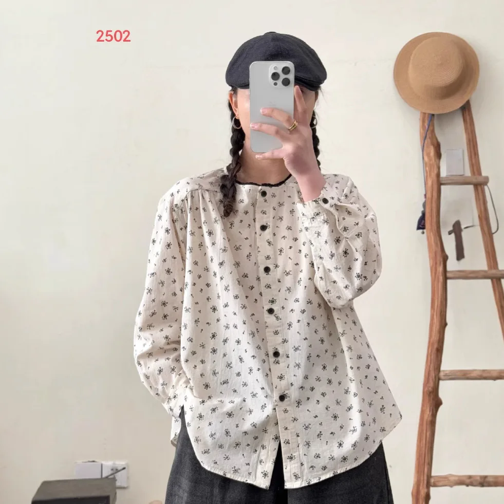 

Готовый запас] Высококачественная женская блузка из 100% хлопка, рубашка Mori с узким кружевным воротником, универсальная маленькая свободная рубашка с длинным рукавом с цветочным принтом