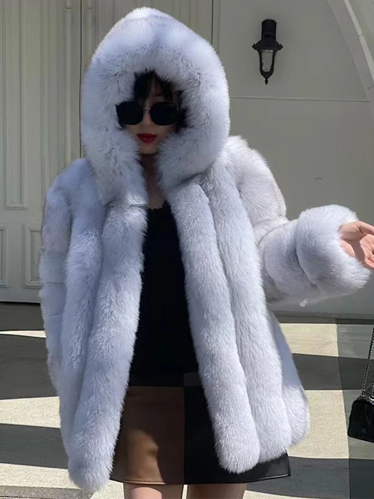 

Winter Women Real Silver Fox Fur Coat Long Genuine Fur Jacket Luxury Natural Fur Streetwear Hooded Plush