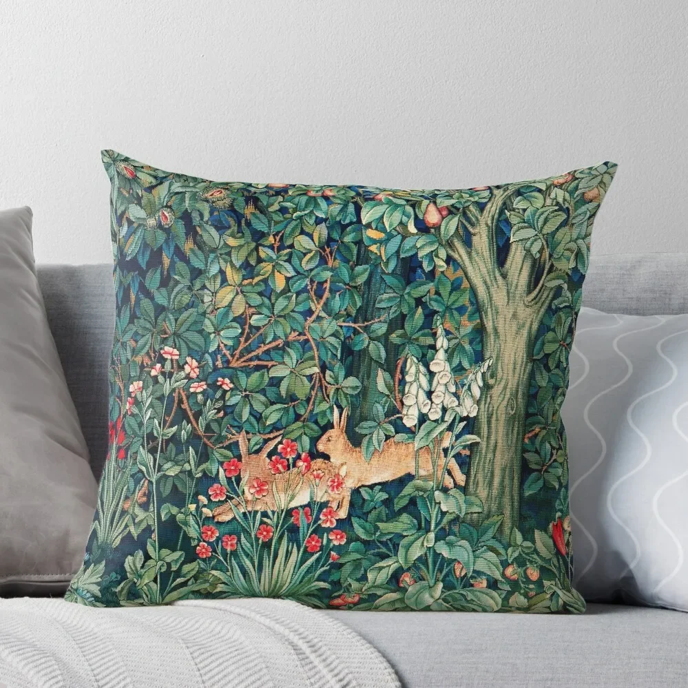 

GREENERY, FOREST ANIMALS Hares Blue Green Red Floral Tapestry Throw Pillow autumn decoration