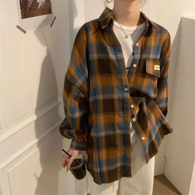 Zoki Vintage Harajuku Women Plaid Shirts Oversize Korean Students Lazy Wind Blouse Female Casual Long Sleeve Y2K Tops