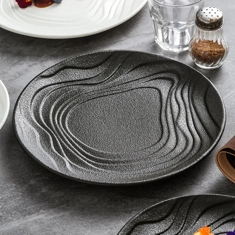 Ceramic Plate, Frosted Water Ripple Circular Shallow Plate, Dish, Fruit, Dessert Plate, Kitchen, Hotel Specialty Tableware