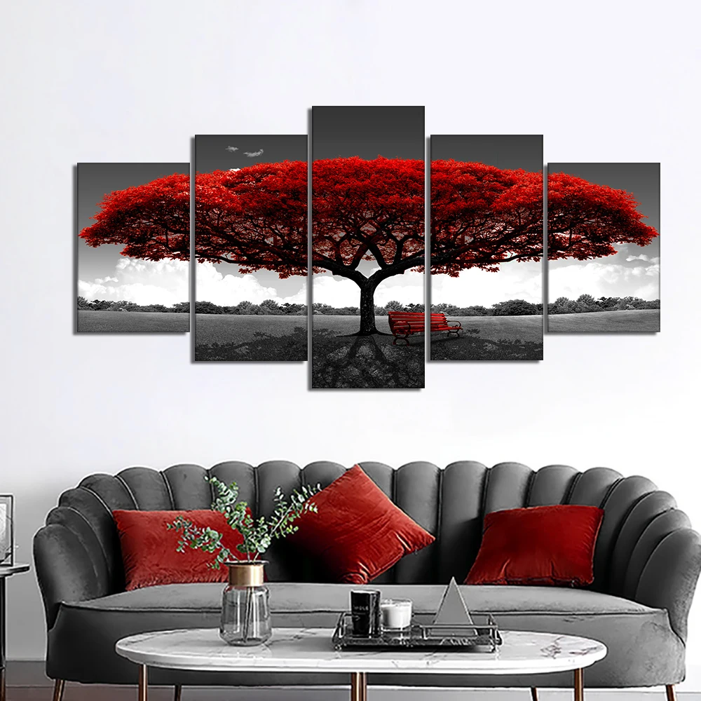 

5Panel Abstract Red Trees Chair Canvas Painting Modern Landscape Posters And Prints Wall Art Picture For Living Room Home Decor