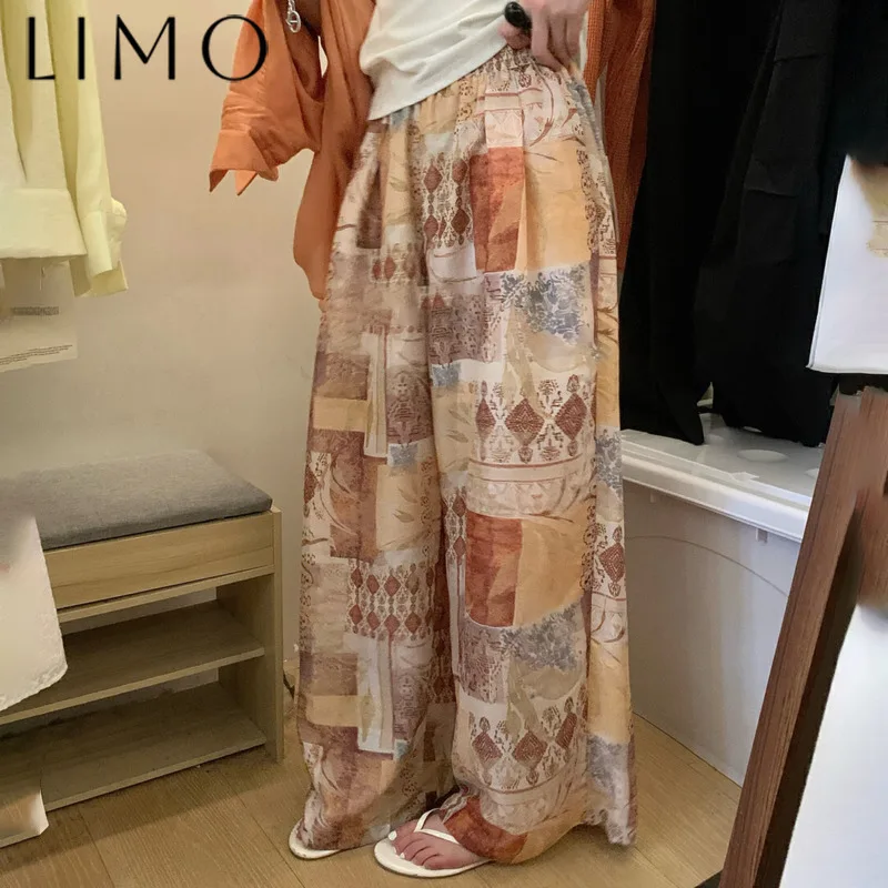 

LIMO Women's Flowy Wide Leg Pants - Floral Checkered Print Boho Chic Loose Fit Mid-rise Casual Elegant Comfortable Trousers