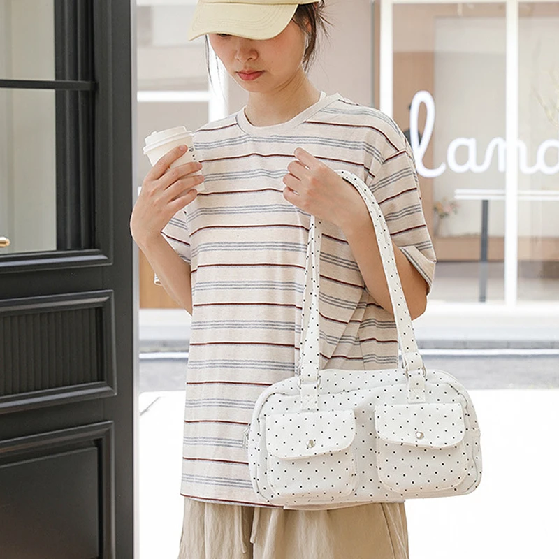 Mehrfach-Taschen-Schultertasche mit Polka Dots, Damen-Canvas-Tragetasche, Koreanische Lässige Süße Niedliche Pendler-Einkaufs-Reisetasche – Detail 24