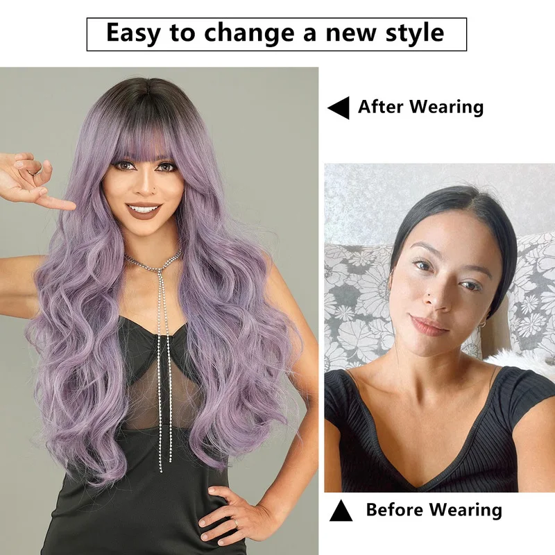 New European and American style wig for women featuring long wavy gray-purple hair with a highlighted top made from syntheti