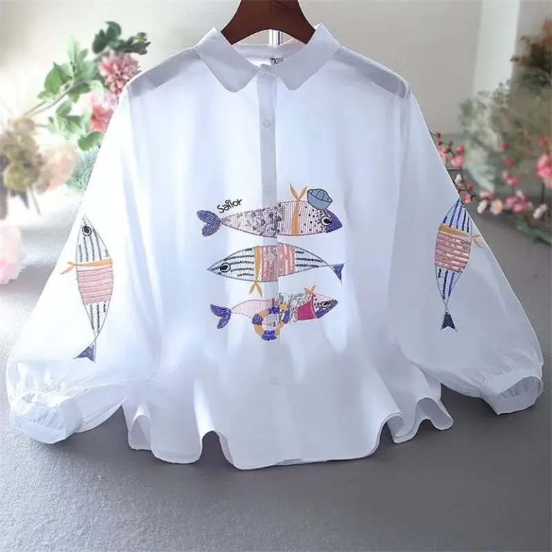 White Embroidered Shirt Female Blouses Summer Woman Clothes Shirts Loose Blous Laple Cardigan Blouses 3/4 Sleeves Ladies Blous