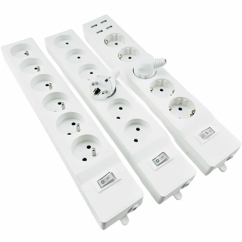 EU  Standard German France Type Socket Power Strip 2 Pin Plug With LED Indicator Switch 5/6  ways with USB EU PLUG Power Strip