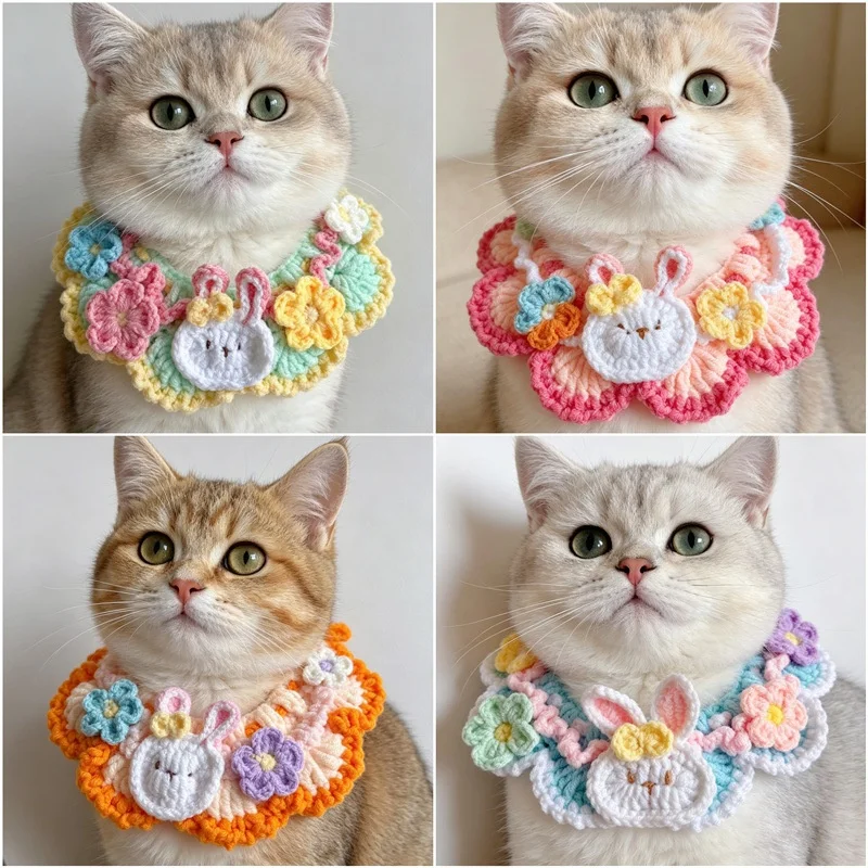 Stylish Adjustable Flower Pet Scarf Bib Handmade Sweet Cat Collar Decorative Cozy Knitted Cat Scarf Small Medium Pets