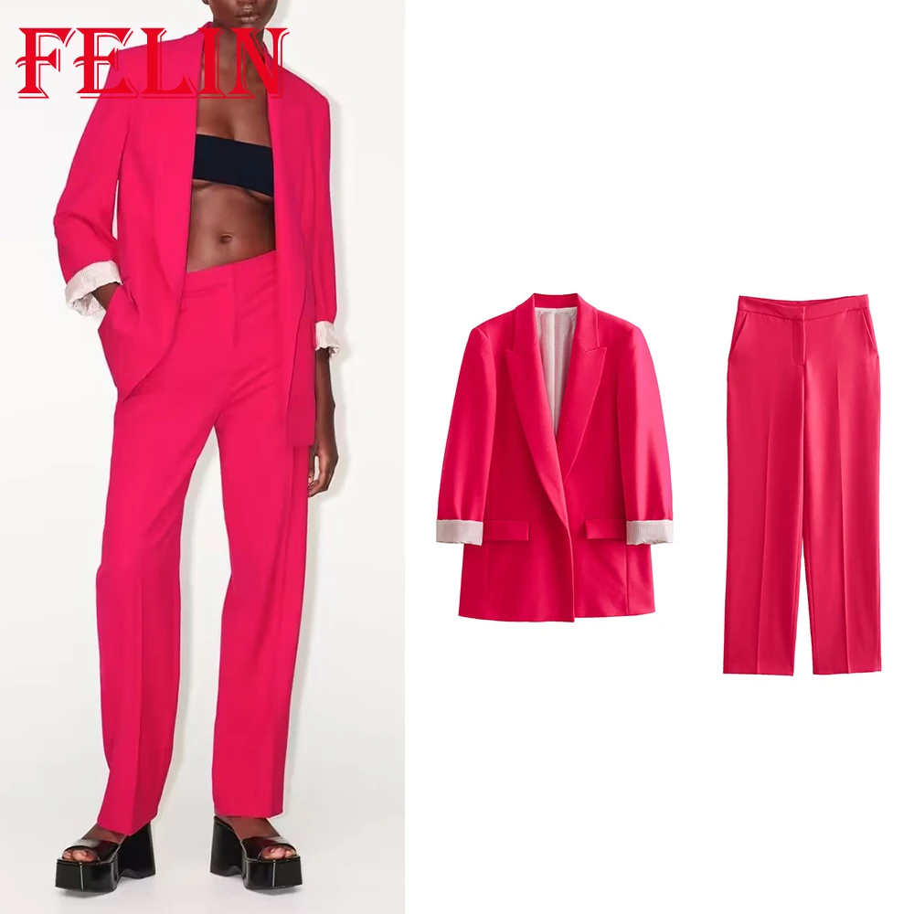 TRAF 2023 Women Office Lady Solid Suit Loose Turn-Down Collar Blazer+Zipper Pockets Long Pants Fashion Casual Female Set