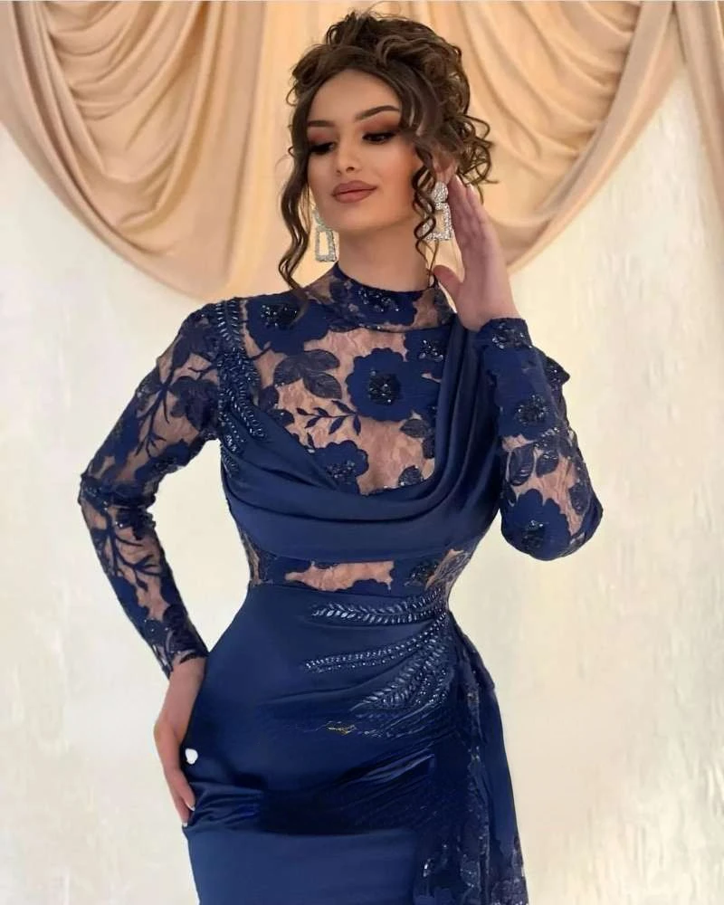 Arabic Evening Dresses High Neck Lace Long Sleeves Mermaid Prom Gowns Satin Celebrity Party Dress abendkleider 2022