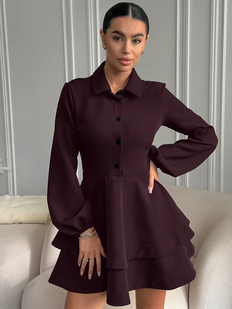 Trendix Mini abiti retrò eleganti solidi Colletto della camicia alla moda Bottoni patchwork Abiti corti Abito casual vintage con volant