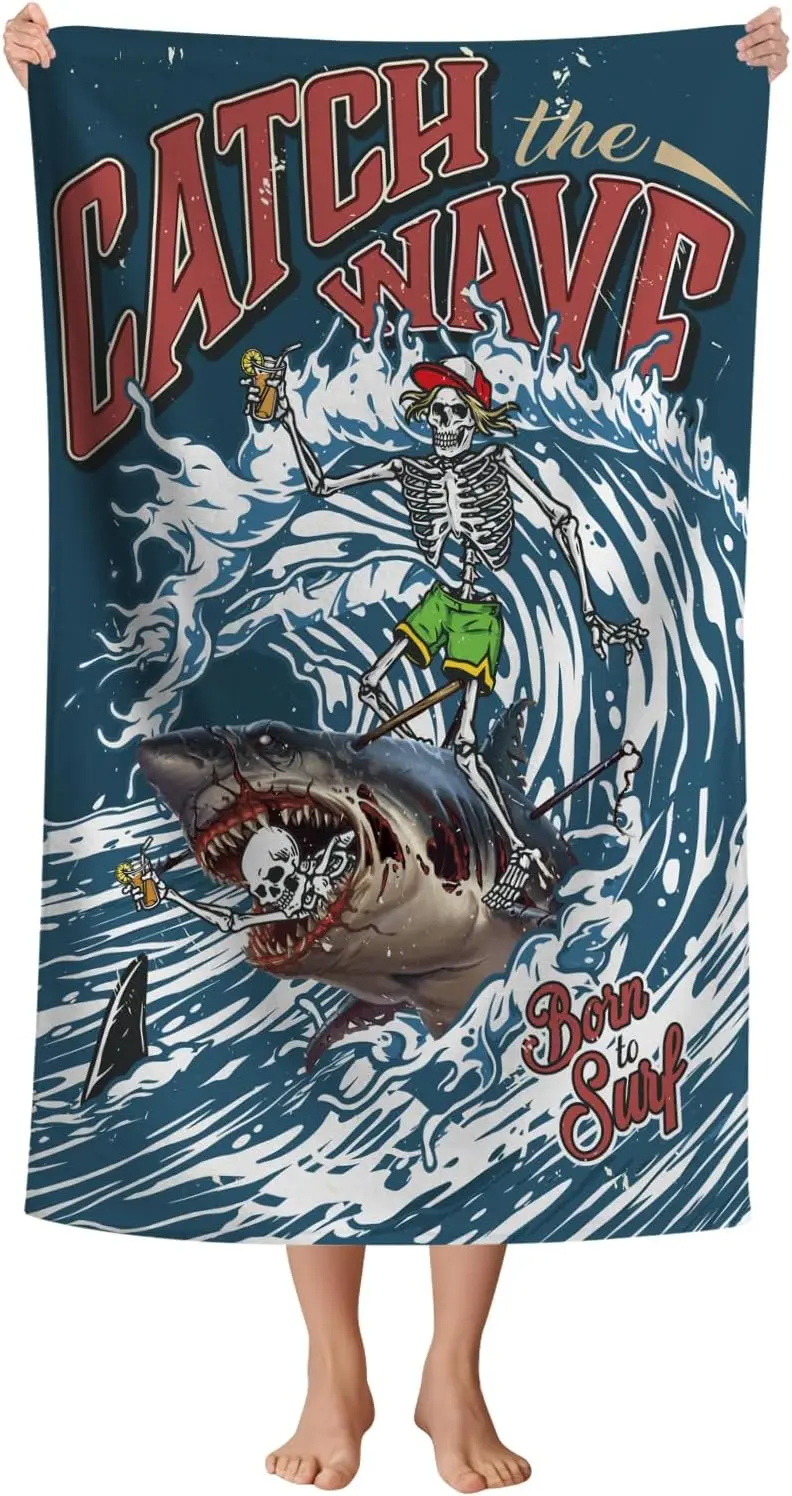 Funny Skull Shark Beach Towel, Skeleton Surfing with Shark Design Quick-Dry Sandproof Bath Towel for Kids and Adults