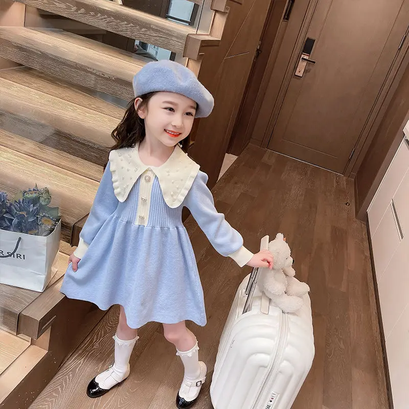 

Новинка 2023 года, платье-свитер на флисовой подкладке для девочек, шикарное вязаное длинное платье принцессы в корейском стиле для малышей, осенняя многосезонная одежда