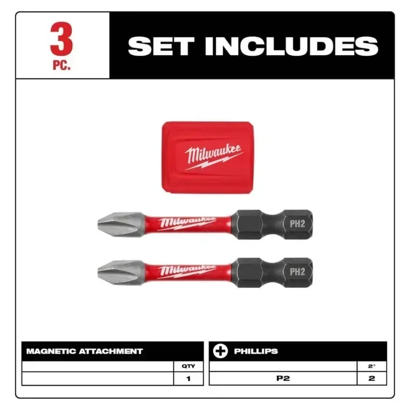 Milwaukee 48-32-4550 SHOCKWAVE Impact Drill Duty™ Magnetic Attachment PH2 Bit Set 3PC MILWAUKEE Power Tool Accessories