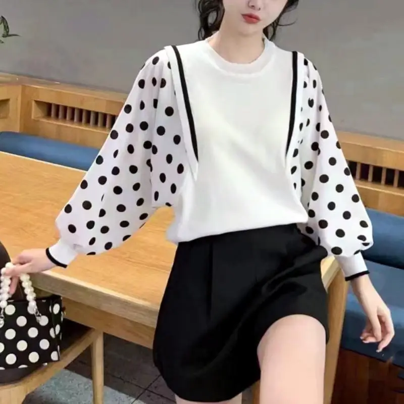 

2024 New Spring Summer Women Fashion Patched Spliced Gauze Polka Dot Bluse Casual Pullovers Lantern Sleeve Shirt Women Clothing